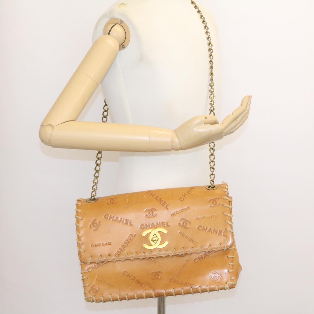 CHANEL Raffia Chain Flap Shoulder Bag Leather Beige CC Auth