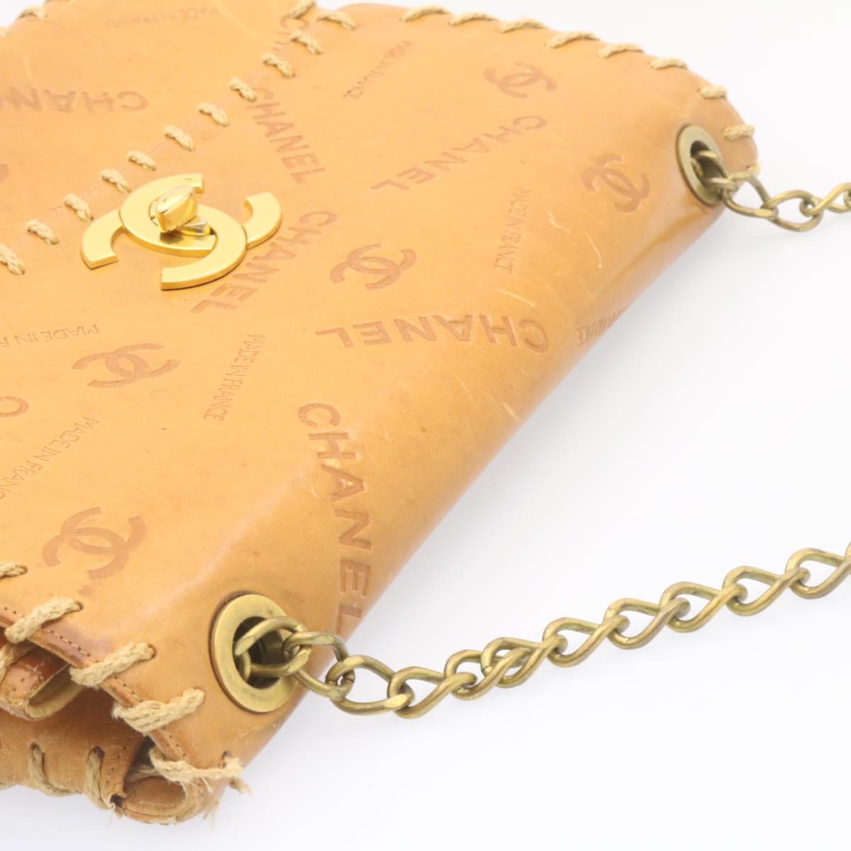 CHANEL ヴィンテージゴールドレザーラップスカート 38 チェーンウォレット ベージュ/ゴールド金具 ラフィア/レザー